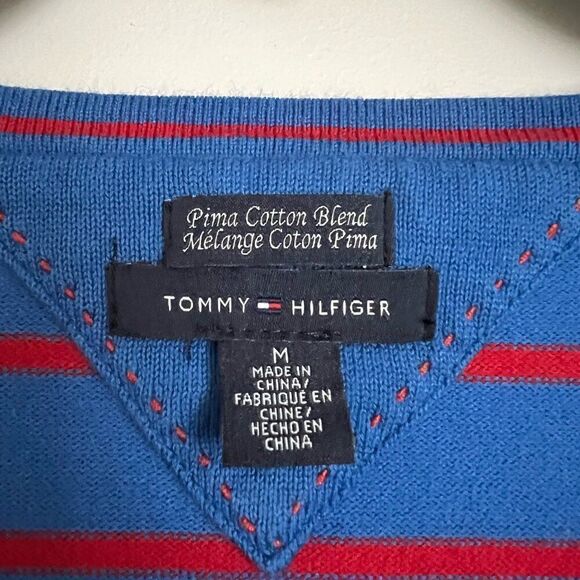 Tommy Hilfiger Sweater Pullover M Pima Cotton V Neck Soft Blue Striped - Picture 2 of 8